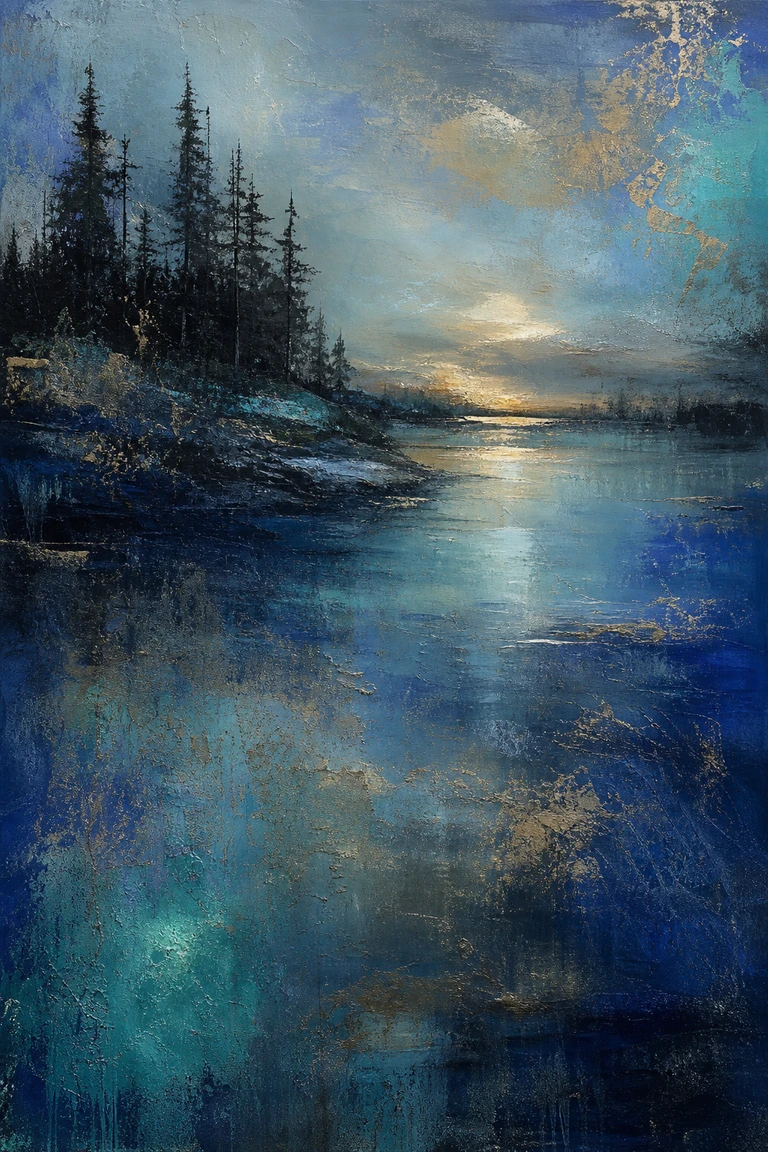 Original blue and gold mixed-media painting inspired by a Canadian boreal lake