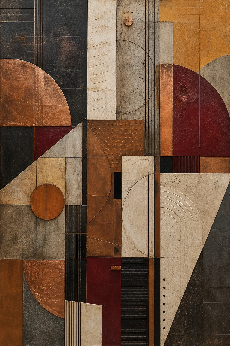 Original geometric artwork in copper, charcoal, limestone and oxblood